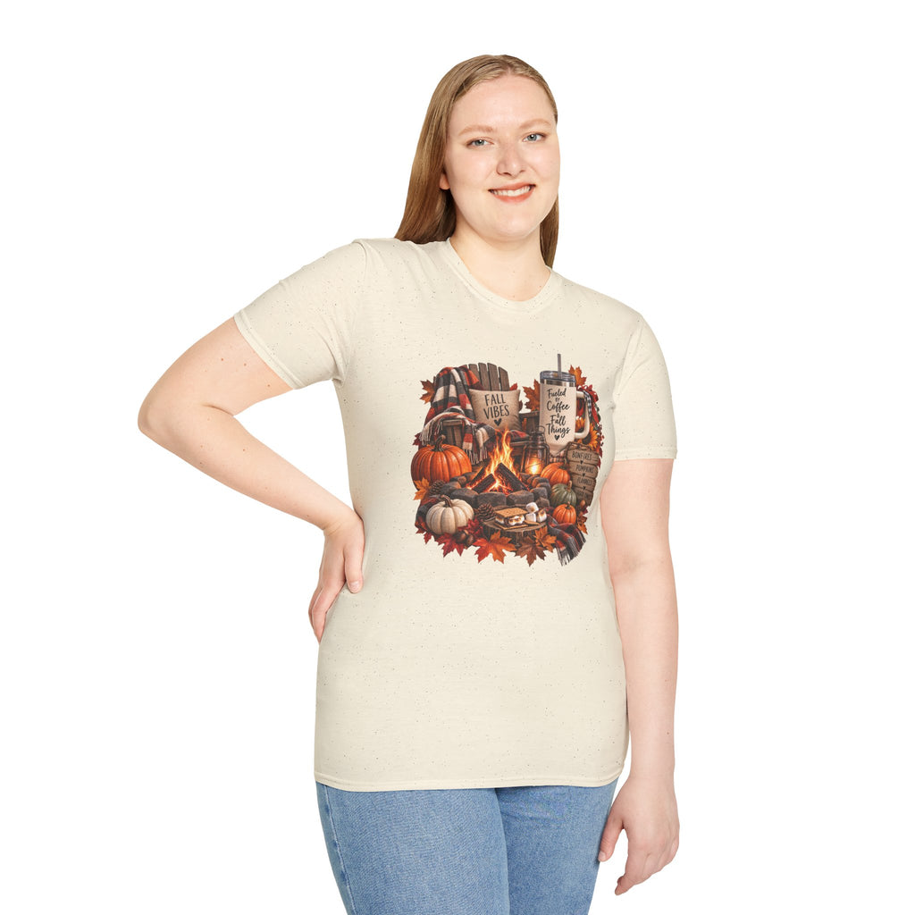 Fall Campfire Pumpkin T-Shirt — Cozy Autumn Shirt with "Fall Vibes" and Plaid Marshmallows Design