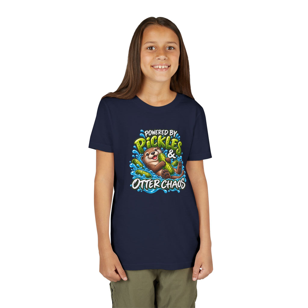 Youth Tee — "Powered by Pickles & Otter Chaos" Cute Otter Graphic Shirt