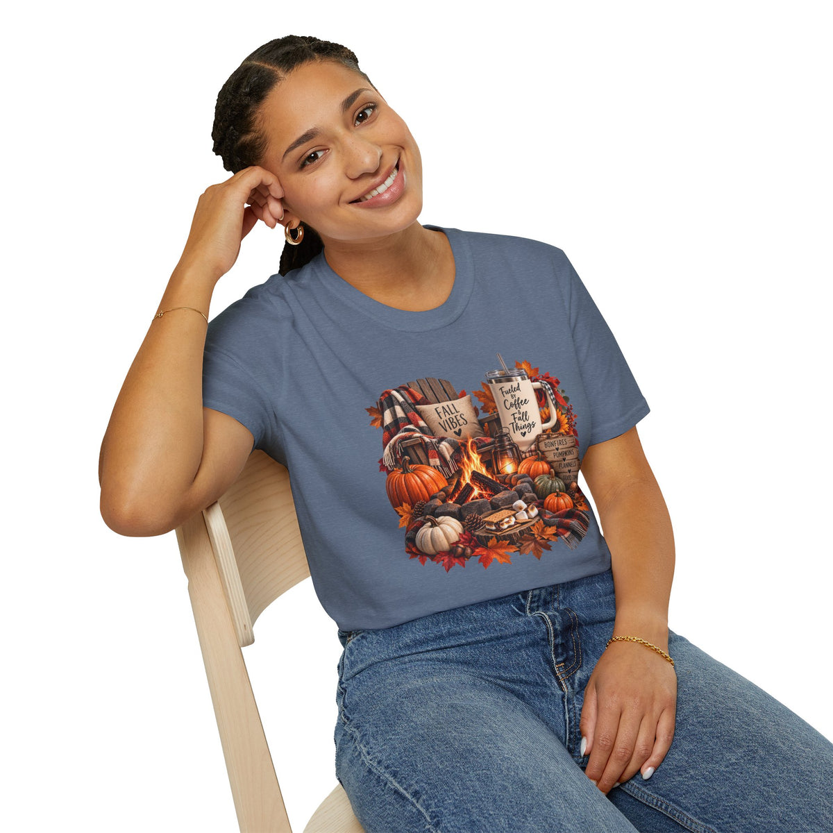 Fall Campfire Pumpkin T-Shirt — Cozy Autumn Shirt with "Fall Vibes" and Plaid Marshmallows Design