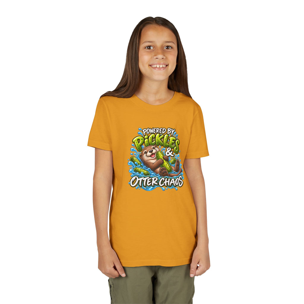 Youth Tee — "Powered by Pickles & Otter Chaos" Cute Otter Graphic Shirt