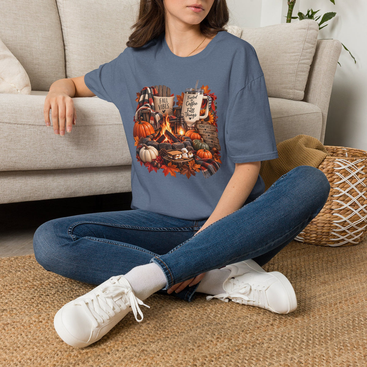 Fall Campfire Pumpkin T-Shirt — Cozy Autumn Shirt with "Fall Vibes" and Plaid Marshmallows Design