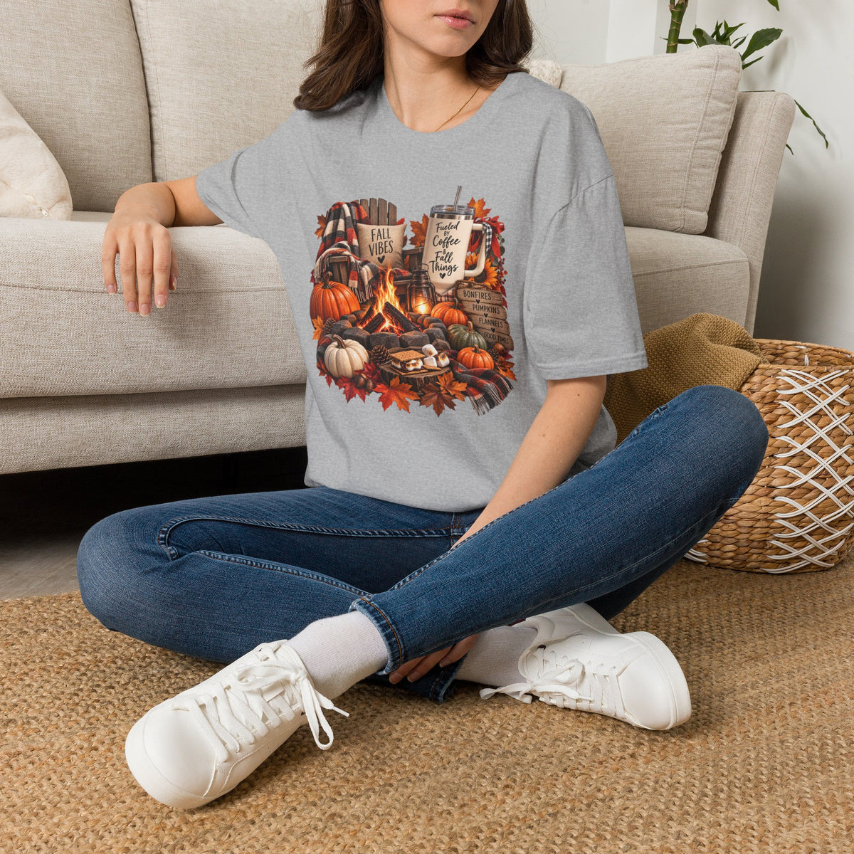 Fall Campfire Pumpkin T-Shirt — Cozy Autumn Shirt with "Fall Vibes" and Plaid Marshmallows Design