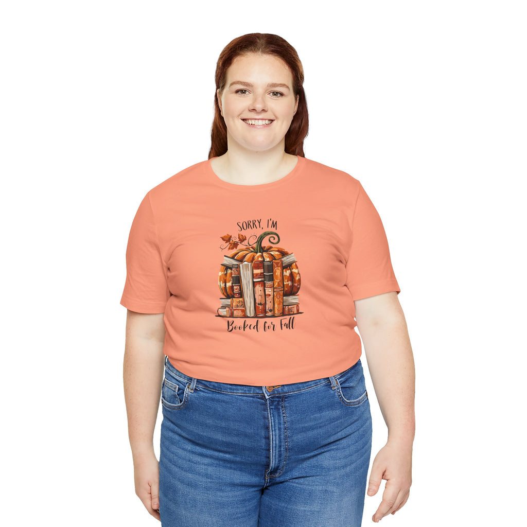 Sorry I’m Booked for Fall T‑Shirt — Autumn Pumpkin & Stacked Books Graphic Tee