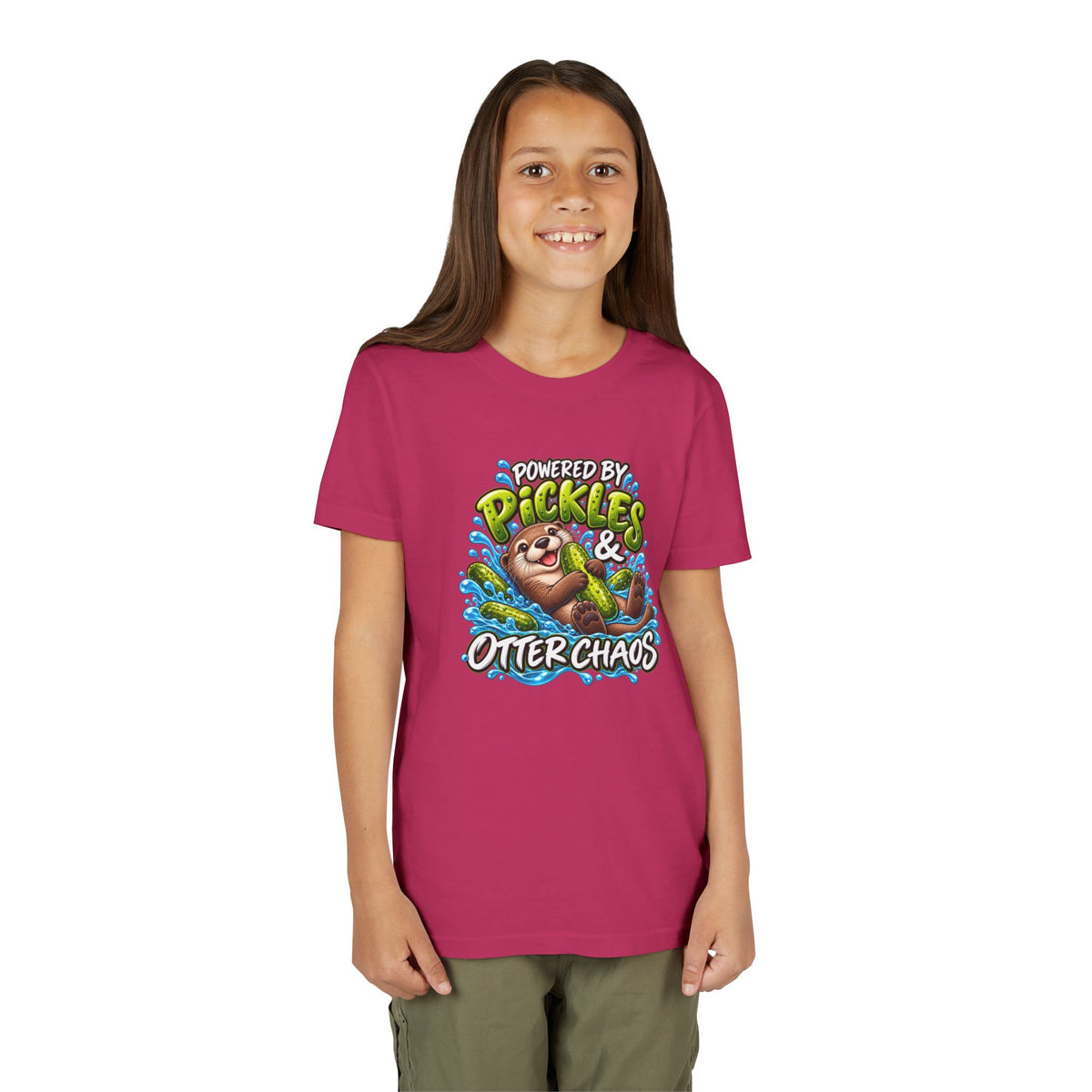 Youth Tee — "Powered by Pickles & Otter Chaos" Cute Otter Graphic Shirt