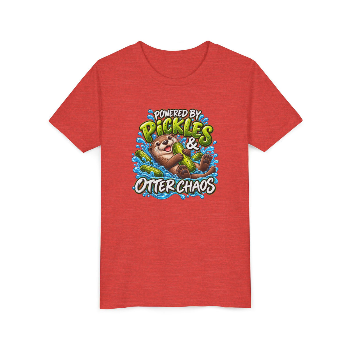 Youth Tee — "Powered by Pickles & Otter Chaos" Cute Otter Graphic Shirt