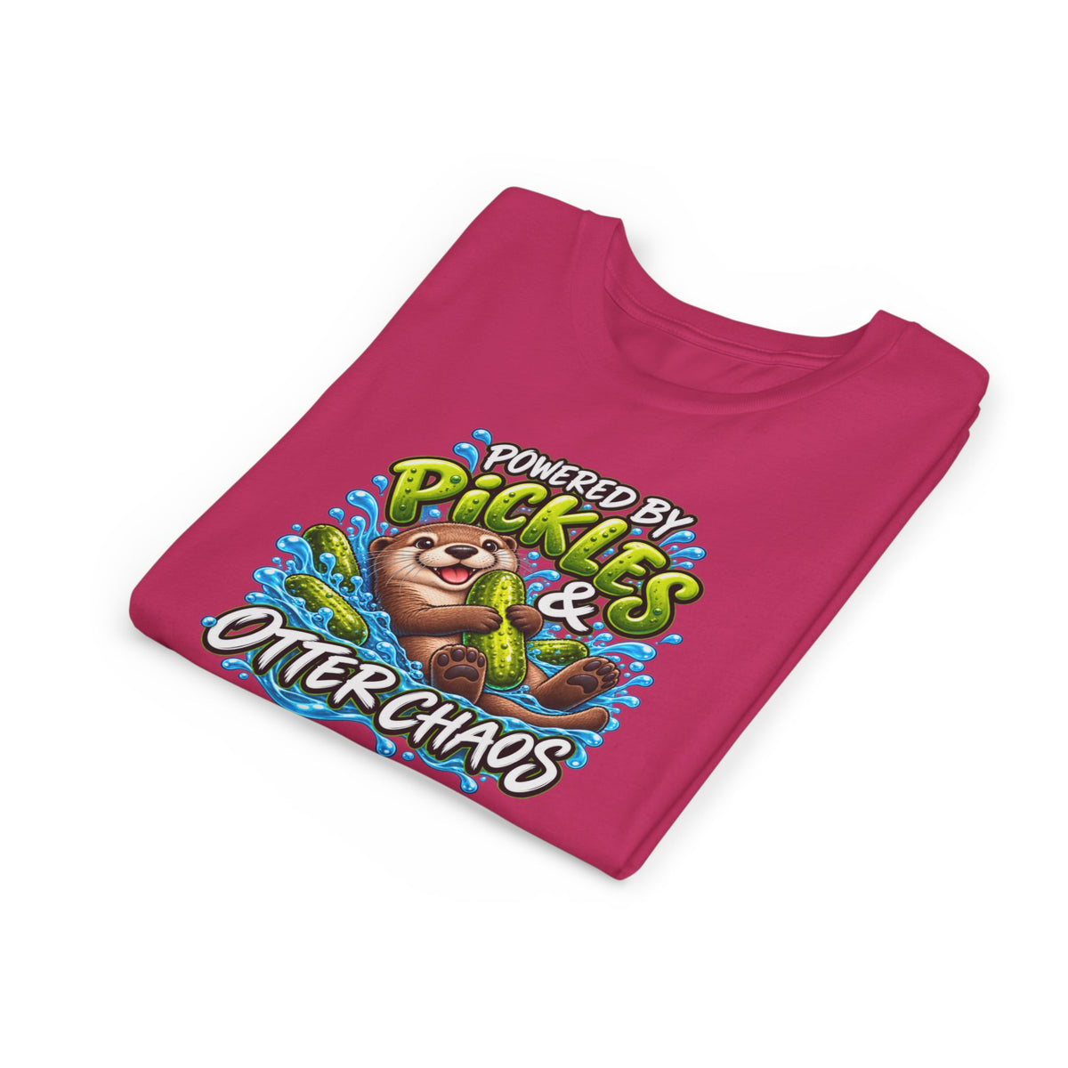 Youth Tee — "Powered by Pickles & Otter Chaos" Cute Otter Graphic Shirt