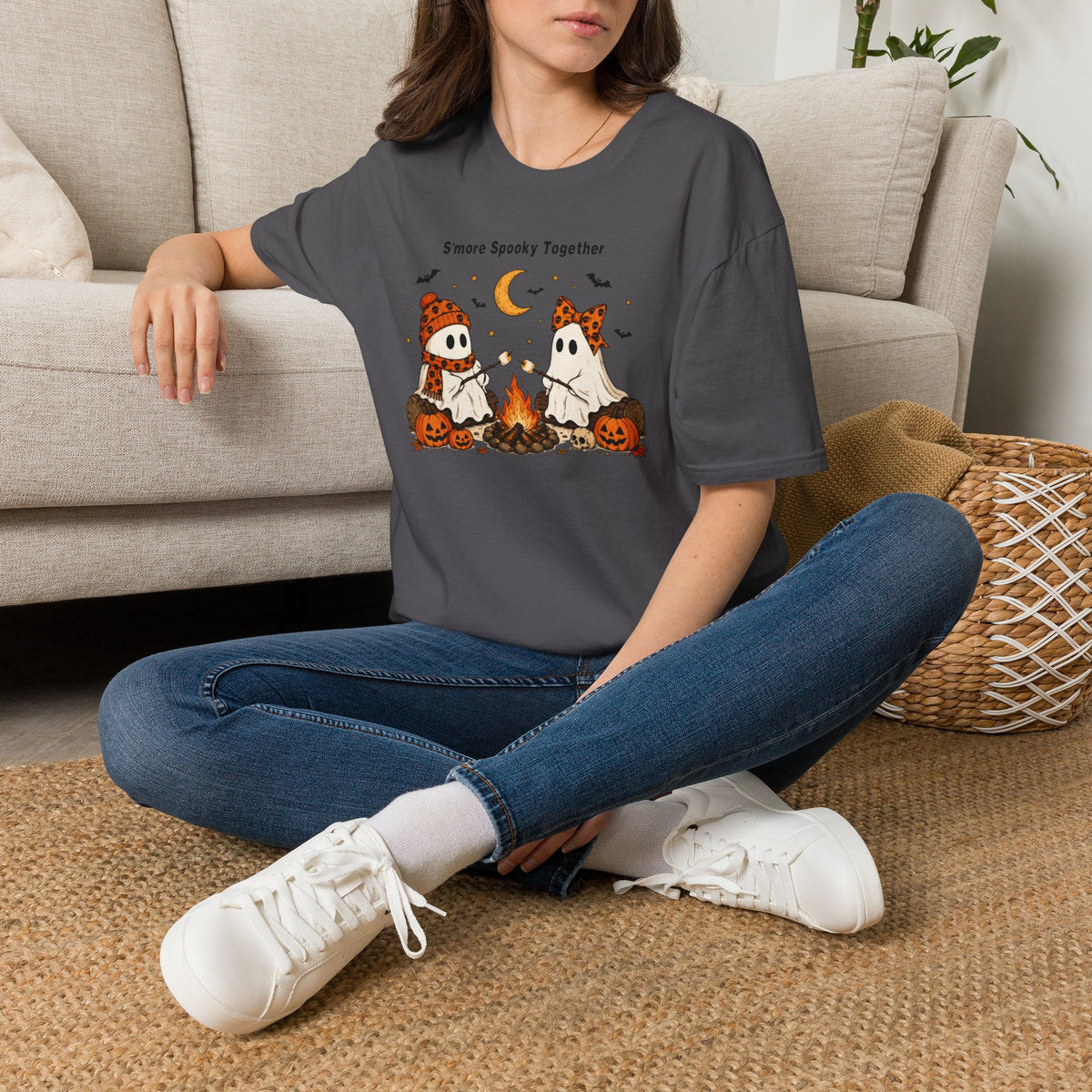 Halloween Ghosts Campfire T-Shirt — "S'more Spooky Together" Cute Couple Graphic