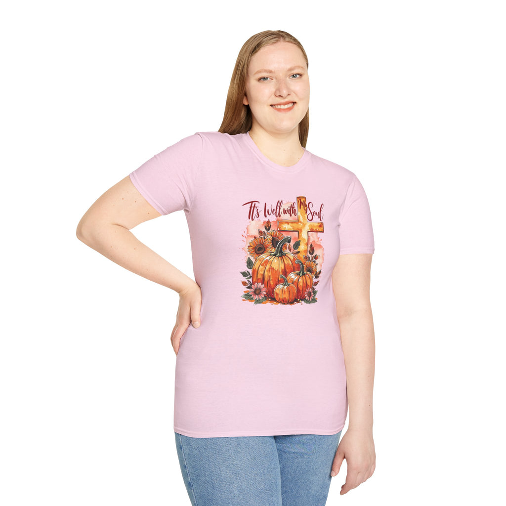 Fall Pumpkin Cross T‑Shirt – "’Tis Well With My Soul" Christian Autumn Tee