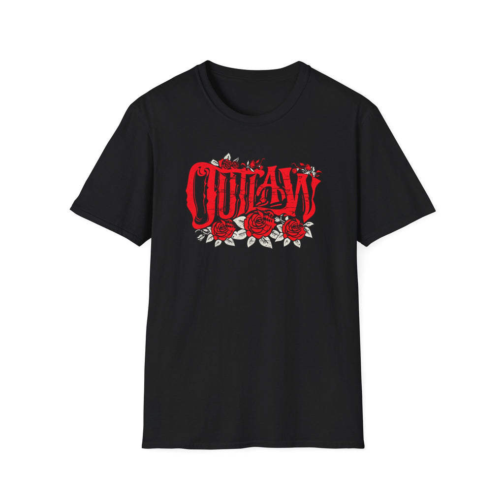 Outlaw Roses T-Shirt — Red Gothic Script & Rose Graphic