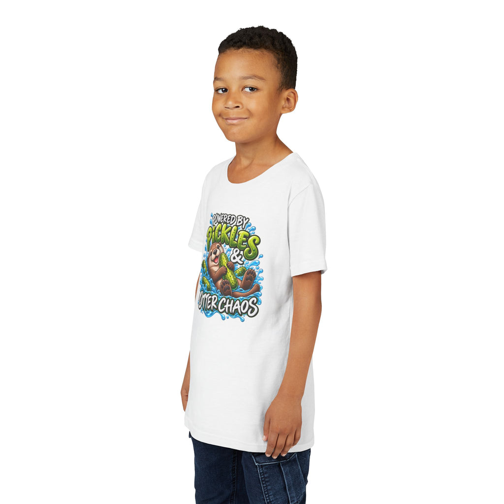 Youth Tee — "Powered by Pickles & Otter Chaos" Cute Otter Graphic Shirt
