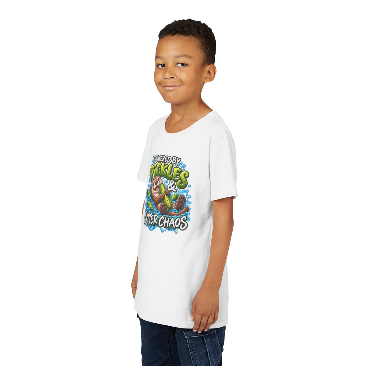 Youth Tee — "Powered by Pickles & Otter Chaos" Cute Otter Graphic Shirt