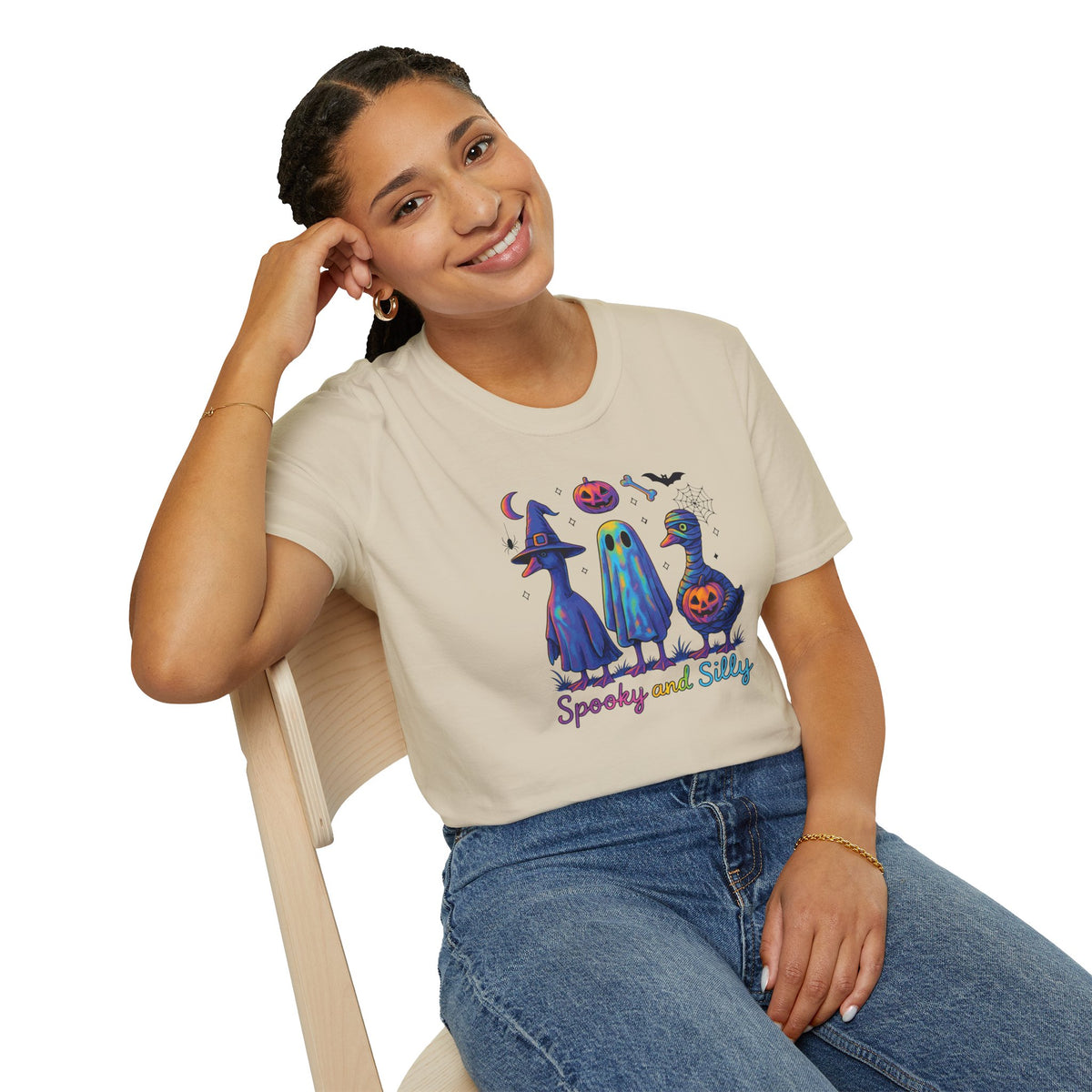 Halloween Ghost Trio T-Shirt — "Spooky and Silly" Cute Pumpkin Witch Duck Design