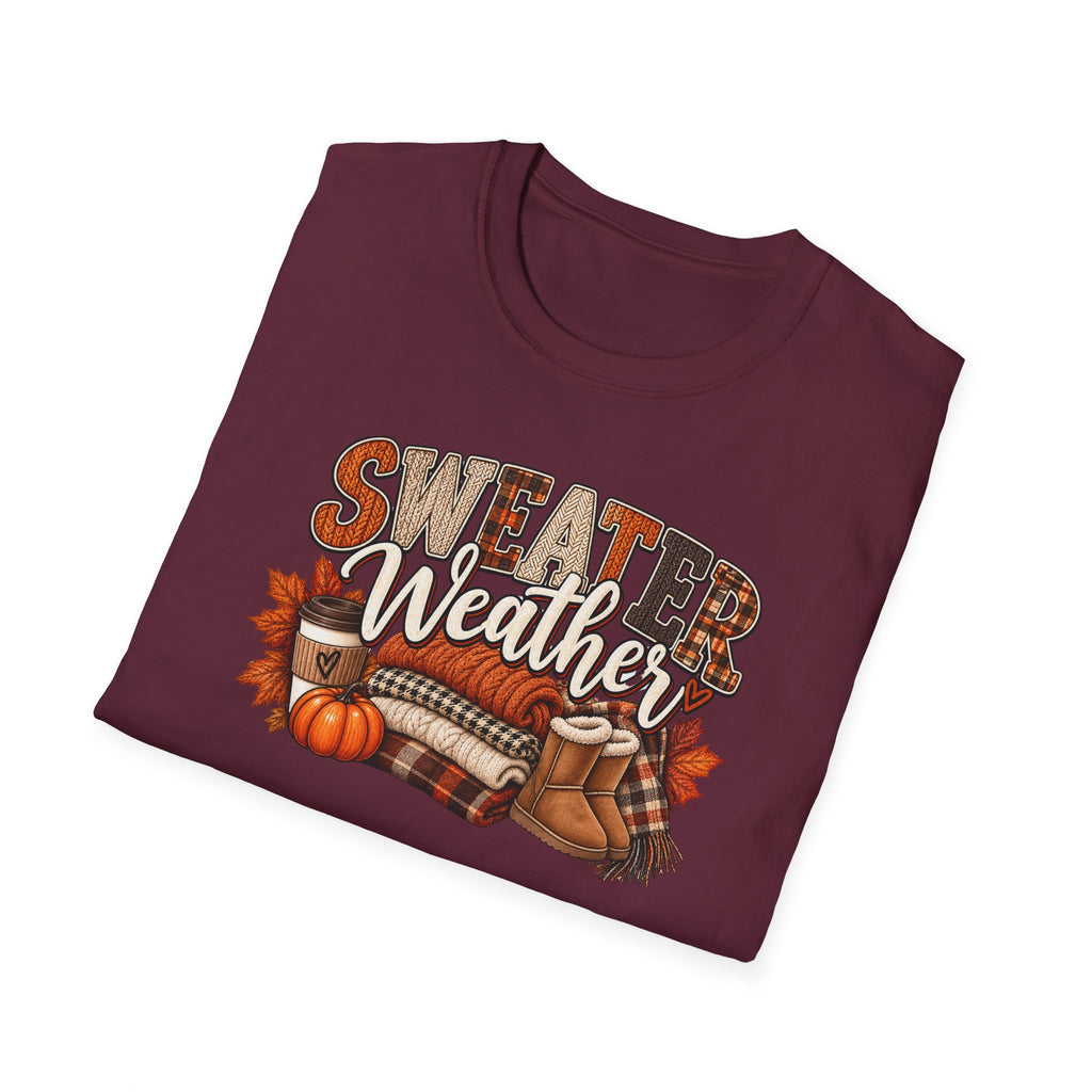 Sweater Weather T-Shirt — Fall Pumpkin & Cozy Plaid Graphic Tee