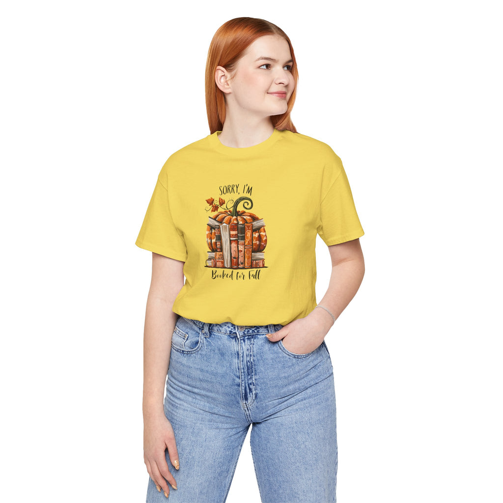 Sorry I’m Booked for Fall T‑Shirt — Autumn Pumpkin & Stacked Books Graphic Tee