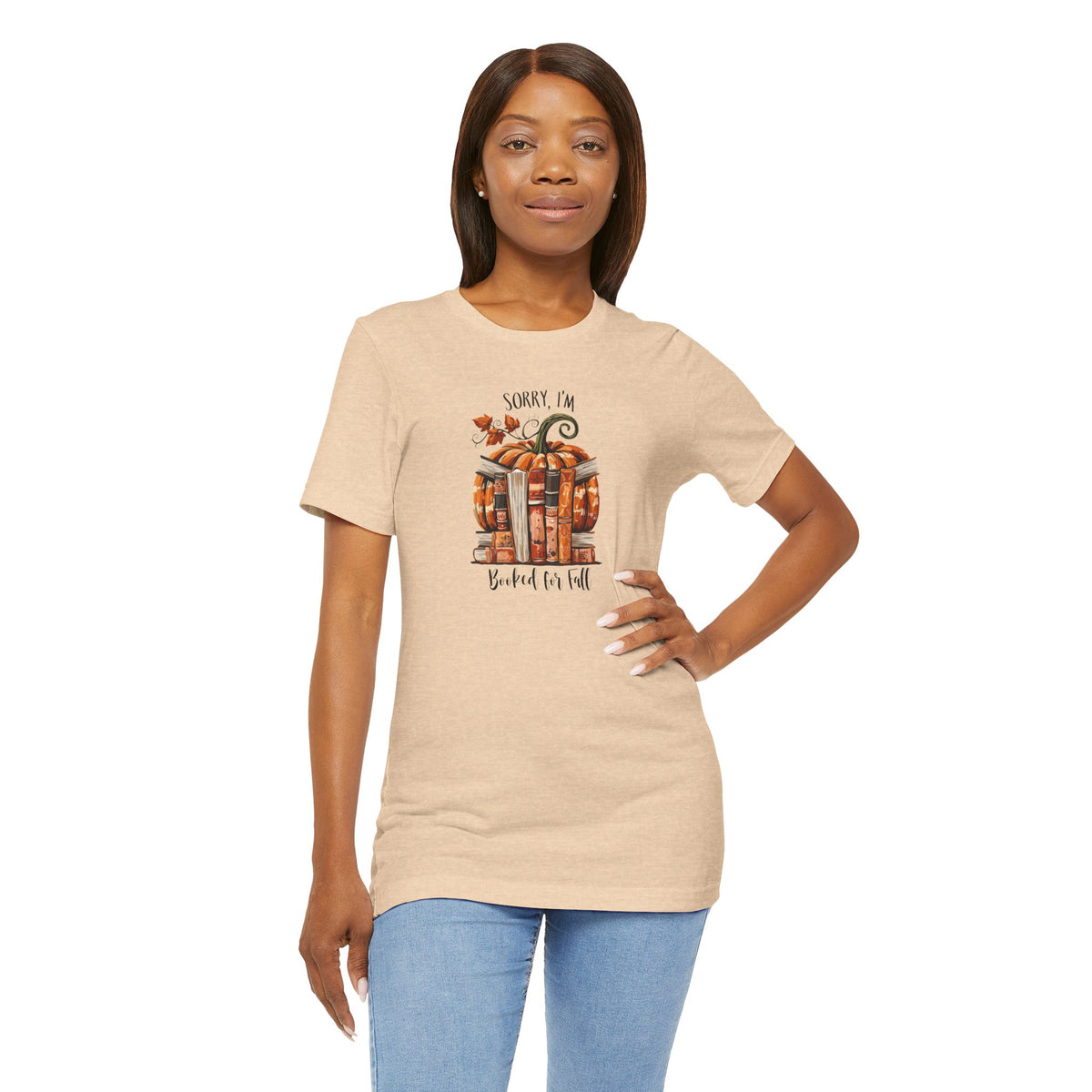 Sorry I’m Booked for Fall T‑Shirt — Autumn Pumpkin & Stacked Books Graphic Tee