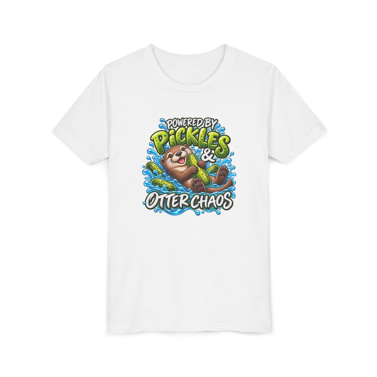 Youth Tee — "Powered by Pickles & Otter Chaos" Cute Otter Graphic Shirt