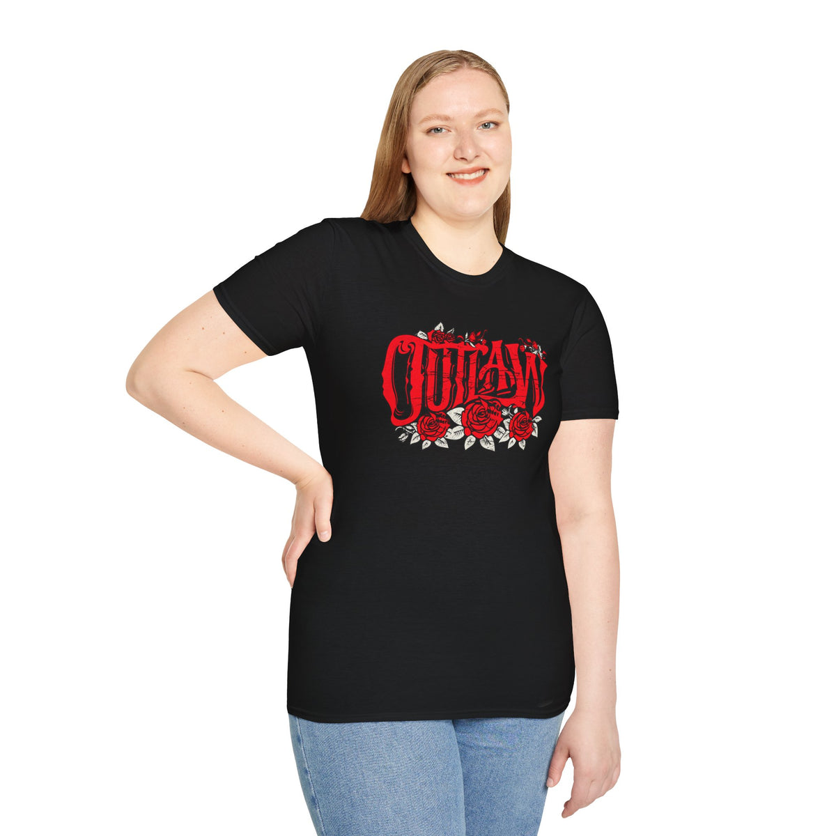 Outlaw Roses T-Shirt — Red Gothic Script & Rose Graphic