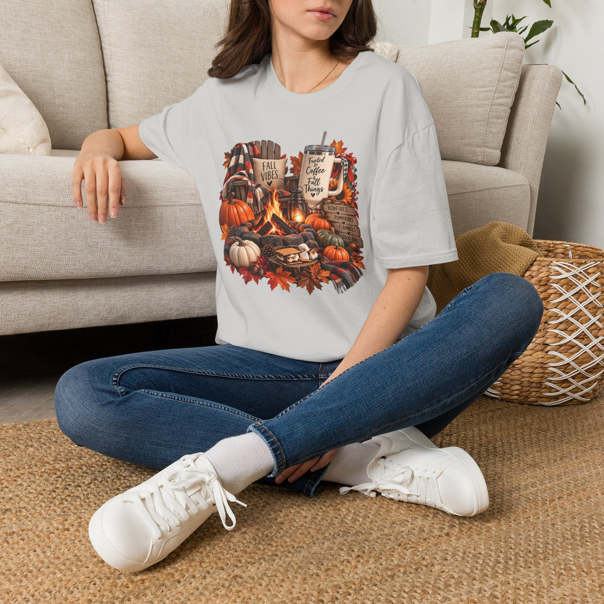 Fall Campfire Pumpkin T-Shirt — Cozy Autumn Shirt with "Fall Vibes" and Plaid Marshmallows Design