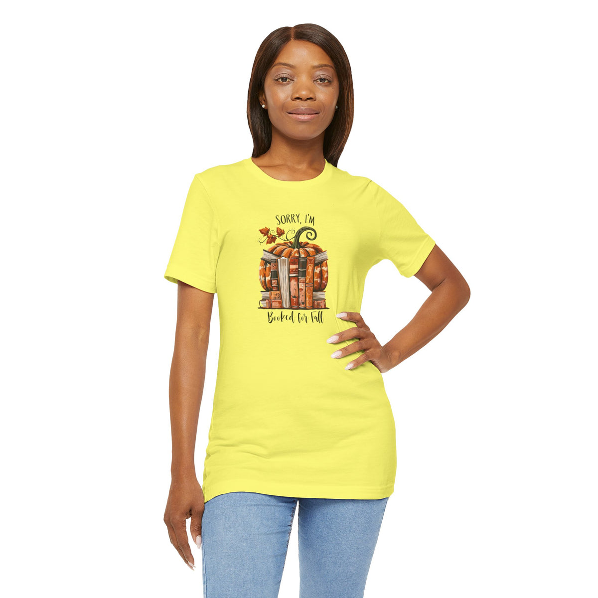 Sorry I’m Booked for Fall T‑Shirt — Autumn Pumpkin & Stacked Books Graphic Tee