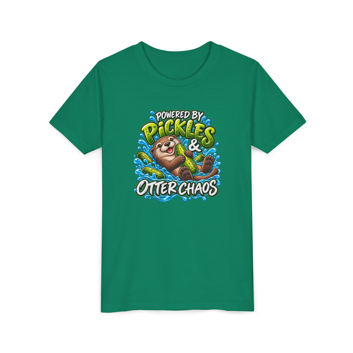 Youth Tee — "Powered by Pickles & Otter Chaos" Cute Otter Graphic Shirt