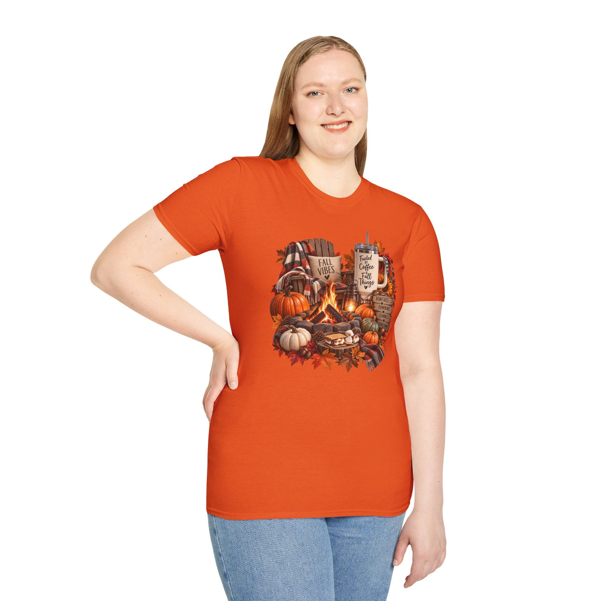 Fall Campfire Pumpkin T-Shirt — Cozy Autumn Shirt with "Fall Vibes" and Plaid Marshmallows Design