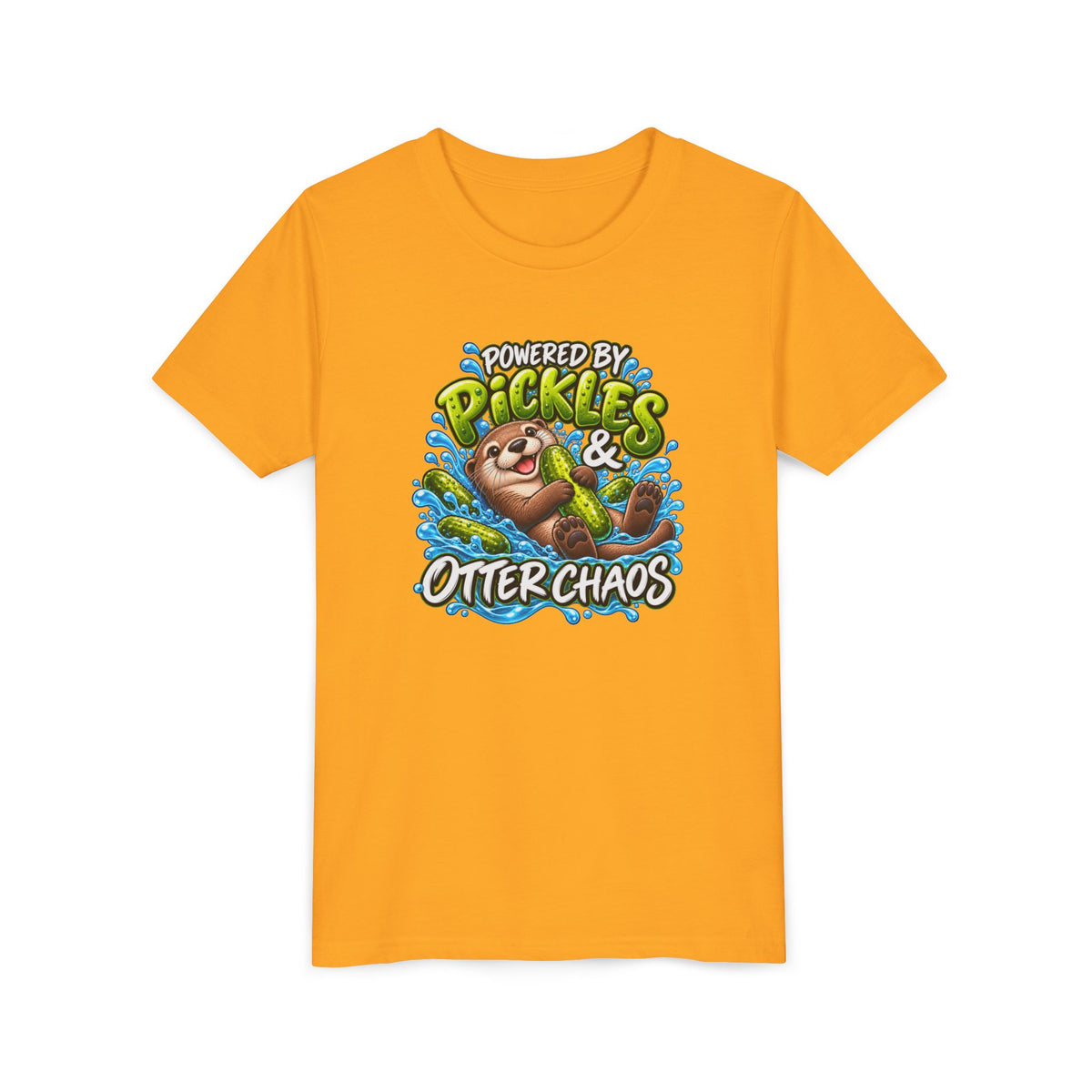 Youth Tee — "Powered by Pickles & Otter Chaos" Cute Otter Graphic Shirt
