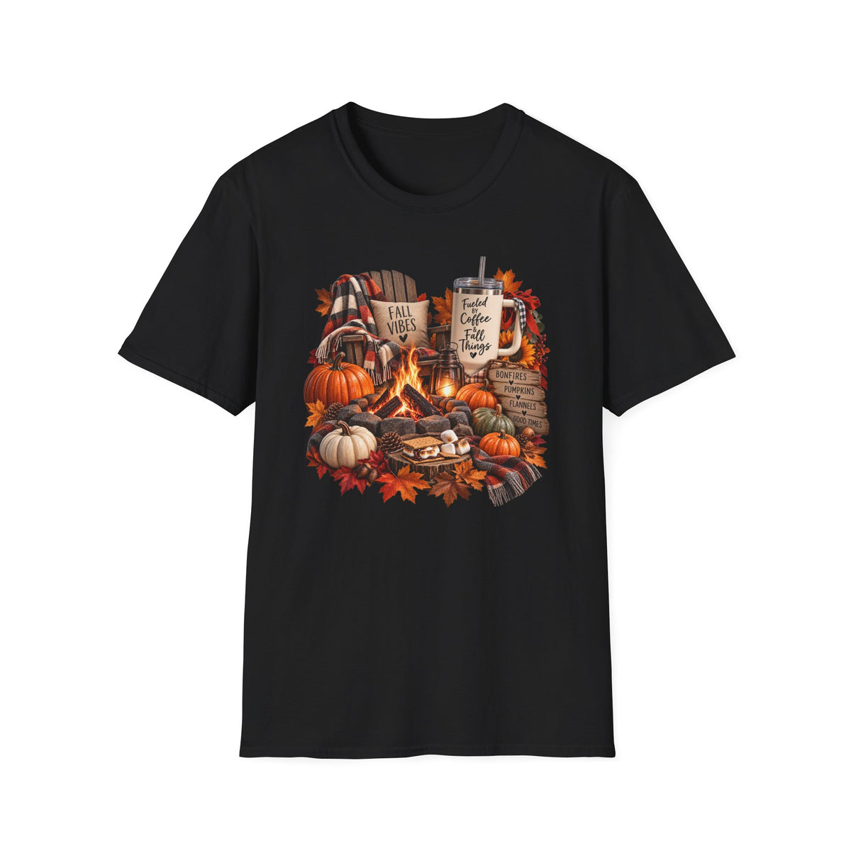 Fall Campfire Pumpkin T-Shirt — Cozy Autumn Shirt with "Fall Vibes" and Plaid Marshmallows Design