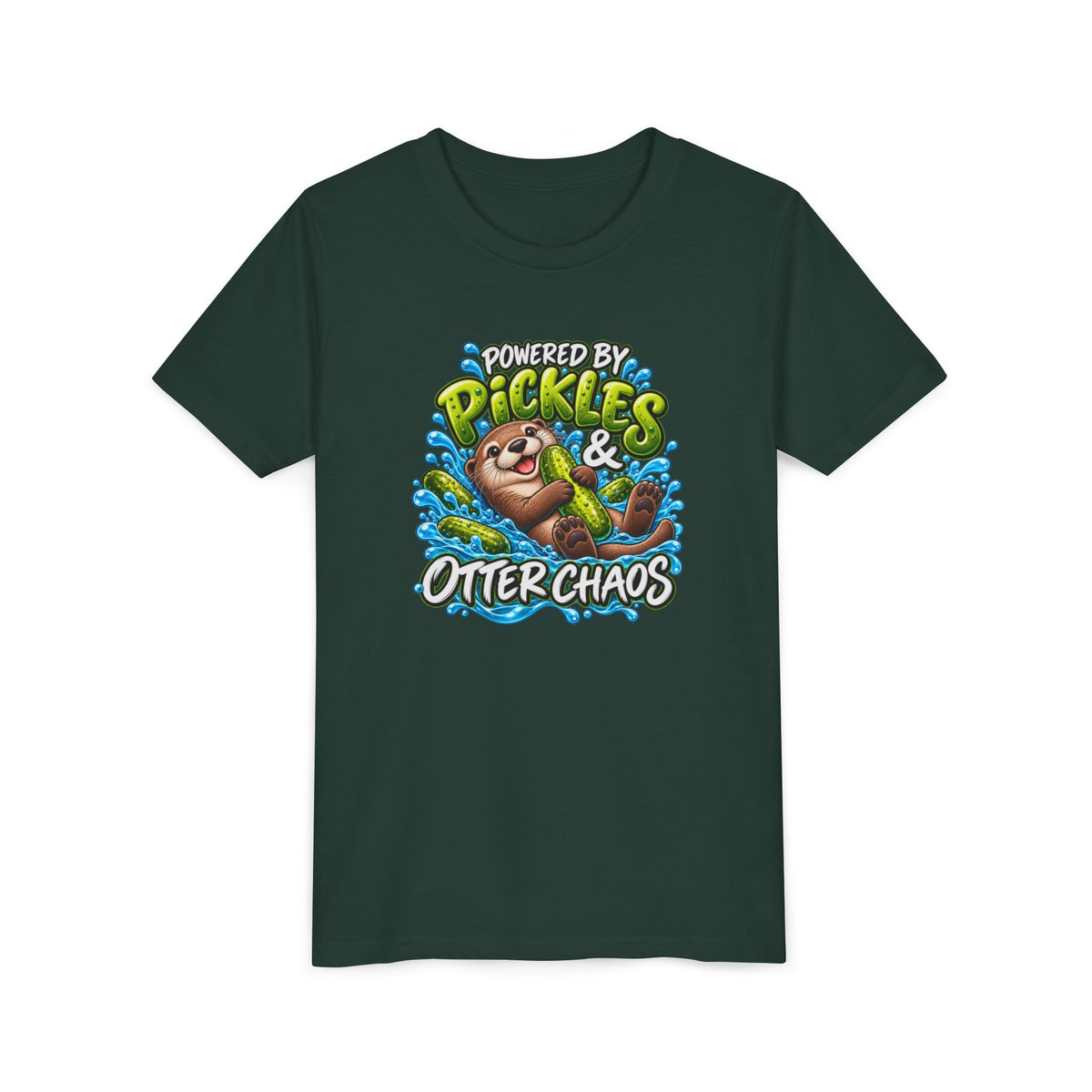 Youth Tee — "Powered by Pickles & Otter Chaos" Cute Otter Graphic Shirt