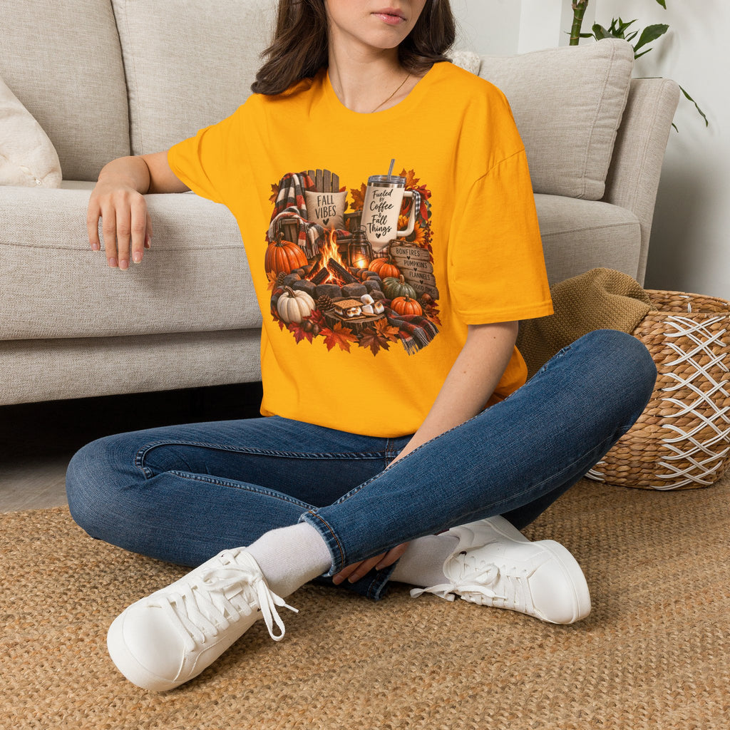 Fall Campfire Pumpkin T-Shirt — Cozy Autumn Shirt with "Fall Vibes" and Plaid Marshmallows Design