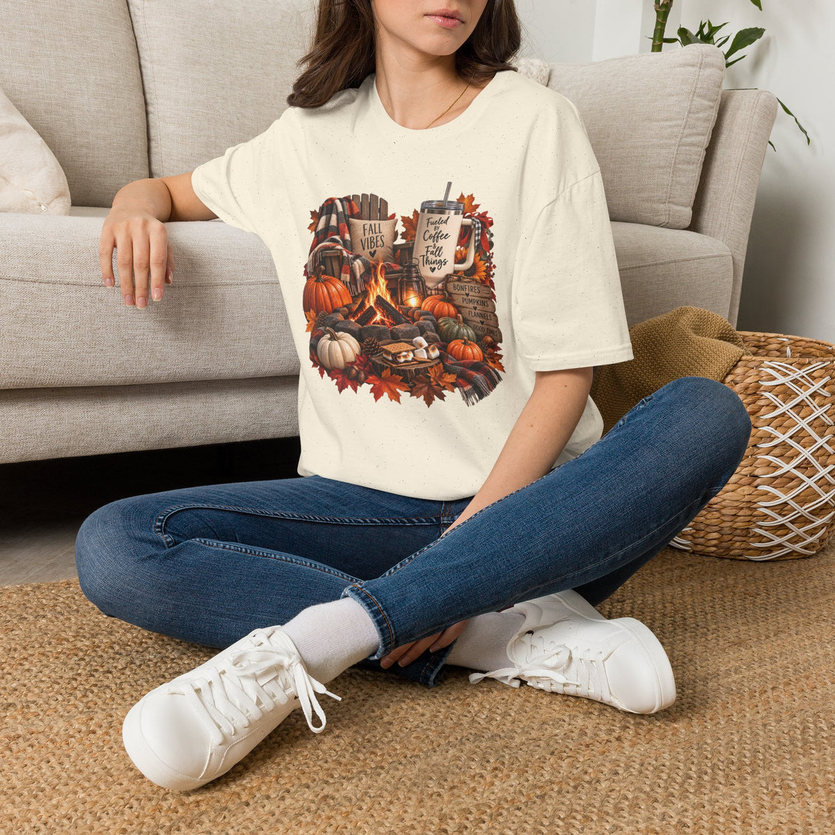 Fall Campfire Pumpkin T-Shirt — Cozy Autumn Shirt with "Fall Vibes" and Plaid Marshmallows Design