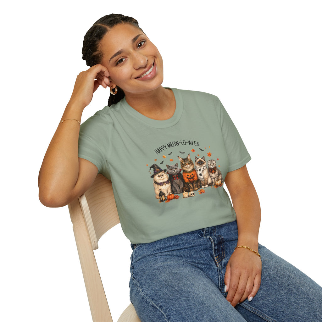 Halloween Cat T-Shirt — "Happy Meow-lo-ween" Cute Pumpkin Cats Tee