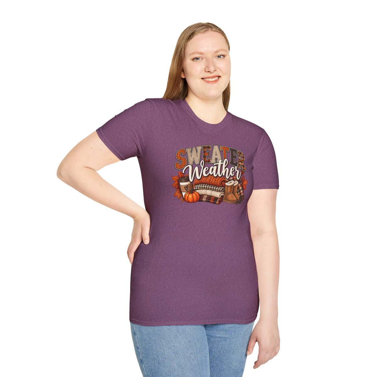Sweater Weather T-Shirt — Fall Pumpkin & Cozy Plaid Graphic Tee