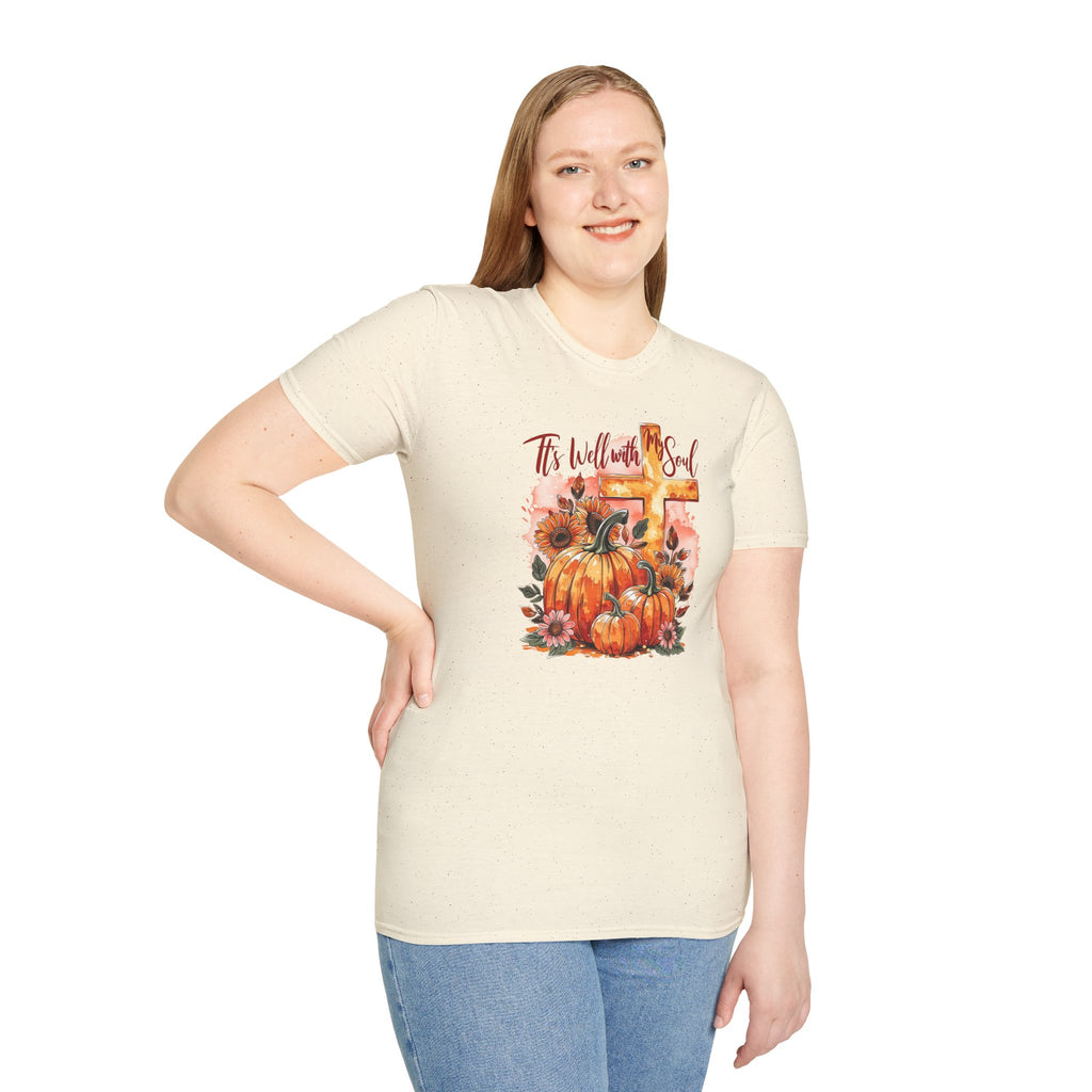 Fall Pumpkin Cross T‑Shirt – "’Tis Well With My Soul" Christian Autumn Tee