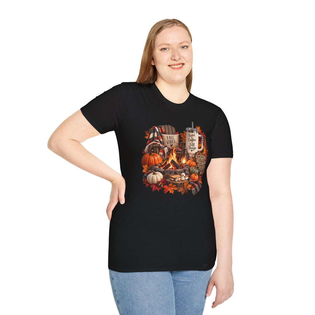 Fall Campfire Pumpkin T-Shirt — Cozy Autumn Shirt with "Fall Vibes" and Plaid Marshmallows Design