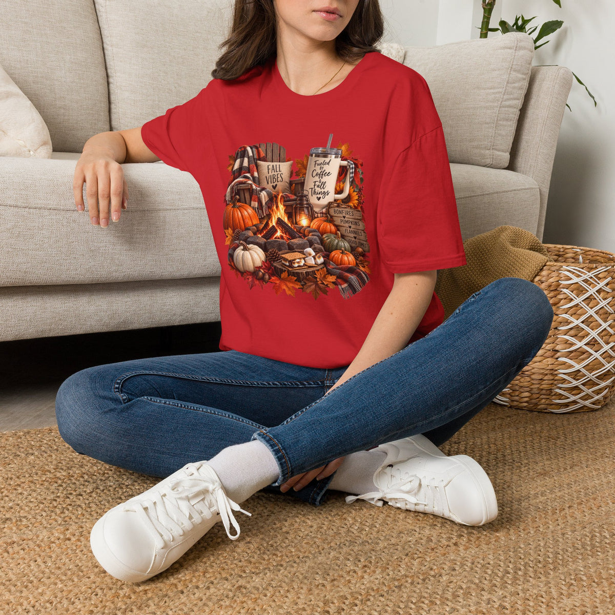 Fall Campfire Pumpkin T-Shirt — Cozy Autumn Shirt with "Fall Vibes" and Plaid Marshmallows Design