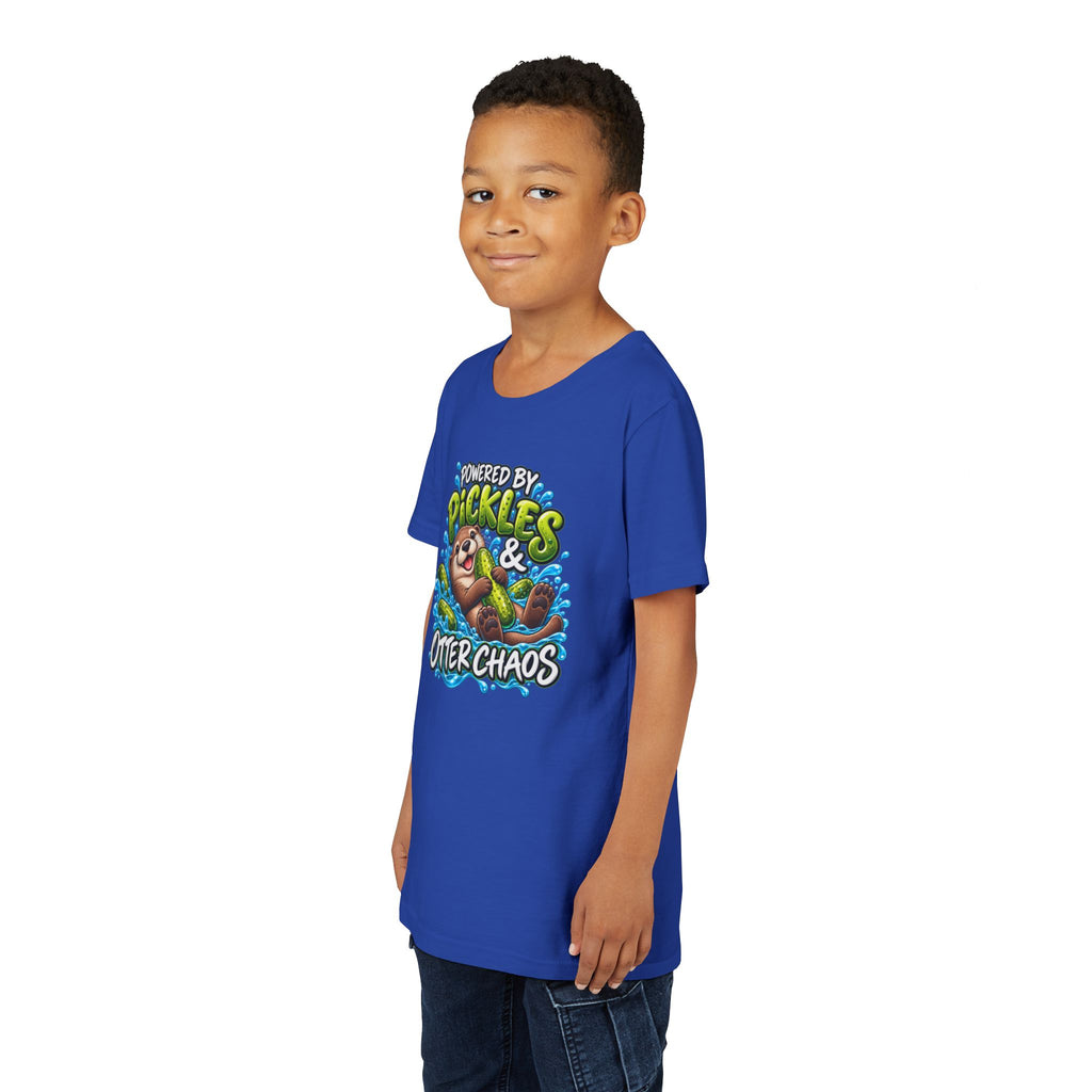 Youth Tee — "Powered by Pickles & Otter Chaos" Cute Otter Graphic Shirt