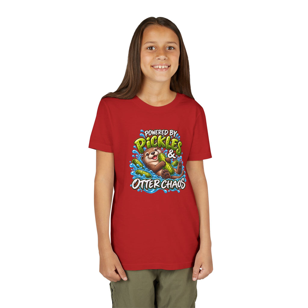 Youth Tee — "Powered by Pickles & Otter Chaos" Cute Otter Graphic Shirt