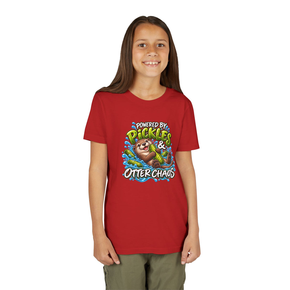 Youth Tee — "Powered by Pickles & Otter Chaos" Cute Otter Graphic Shirt