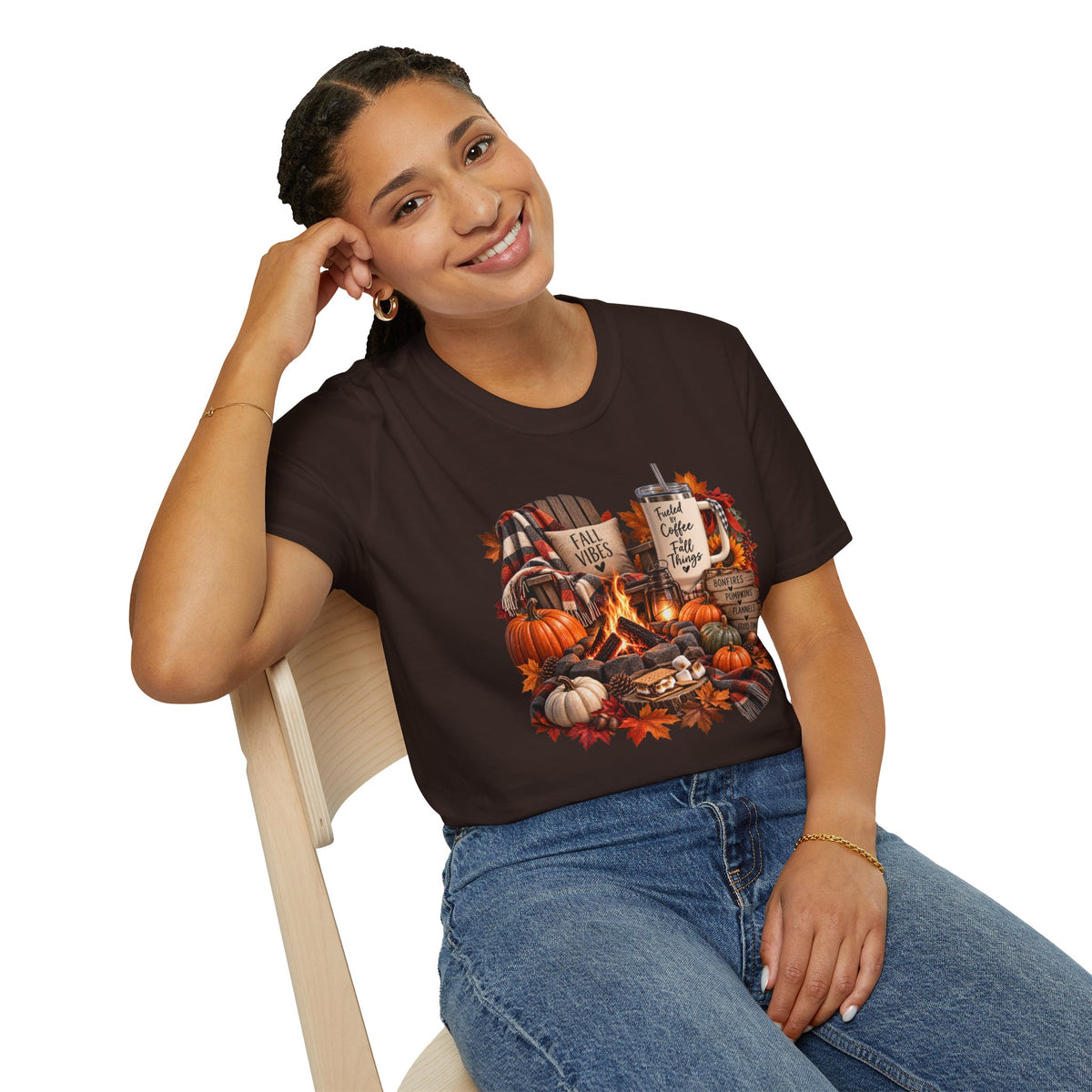 Fall Campfire Pumpkin T-Shirt — Cozy Autumn Shirt with "Fall Vibes" and Plaid Marshmallows Design