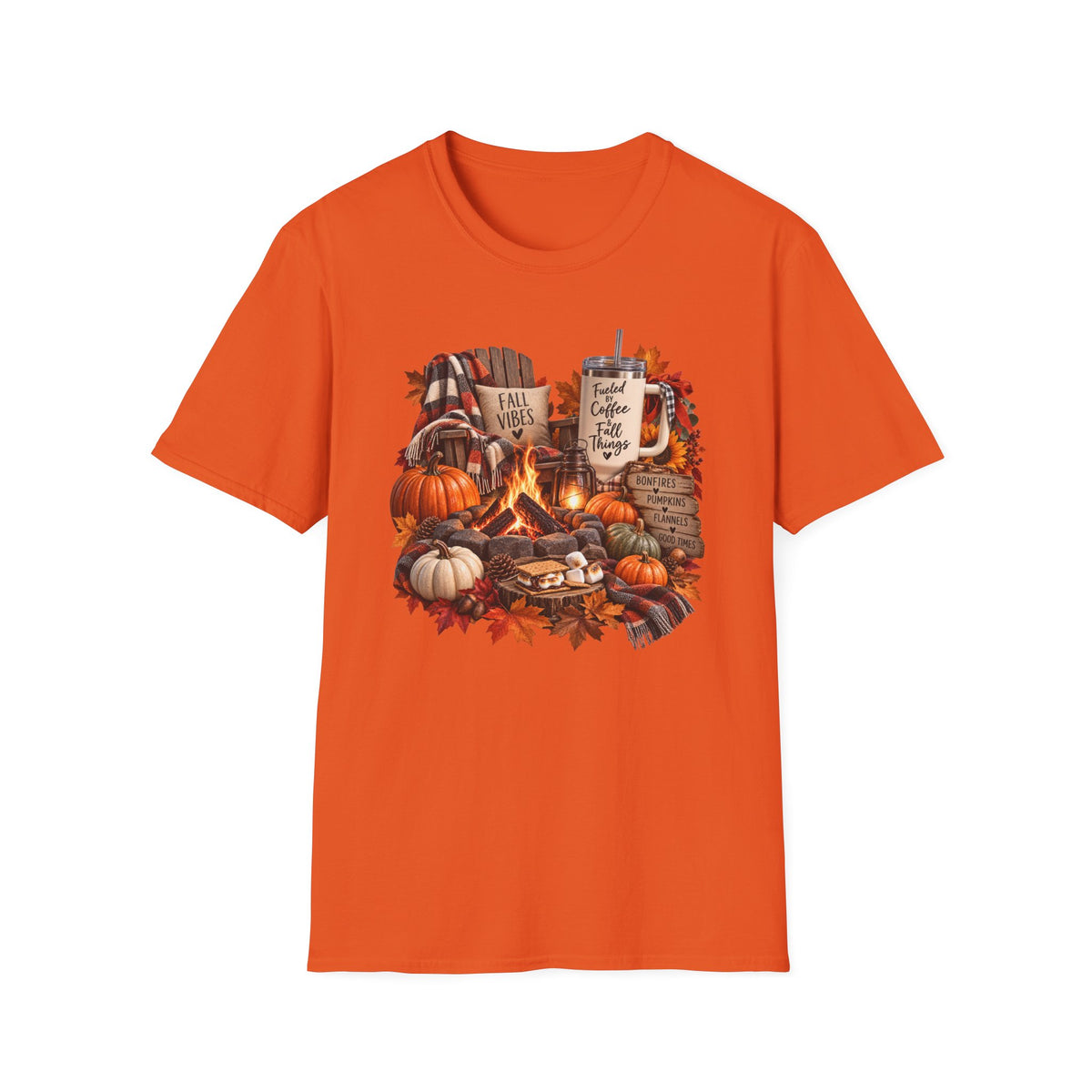 Fall Campfire Pumpkin T-Shirt — Cozy Autumn Shirt with "Fall Vibes" and Plaid Marshmallows Design