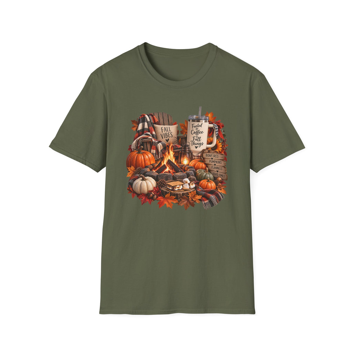Fall Campfire Pumpkin T-Shirt — Cozy Autumn Shirt with "Fall Vibes" and Plaid Marshmallows Design