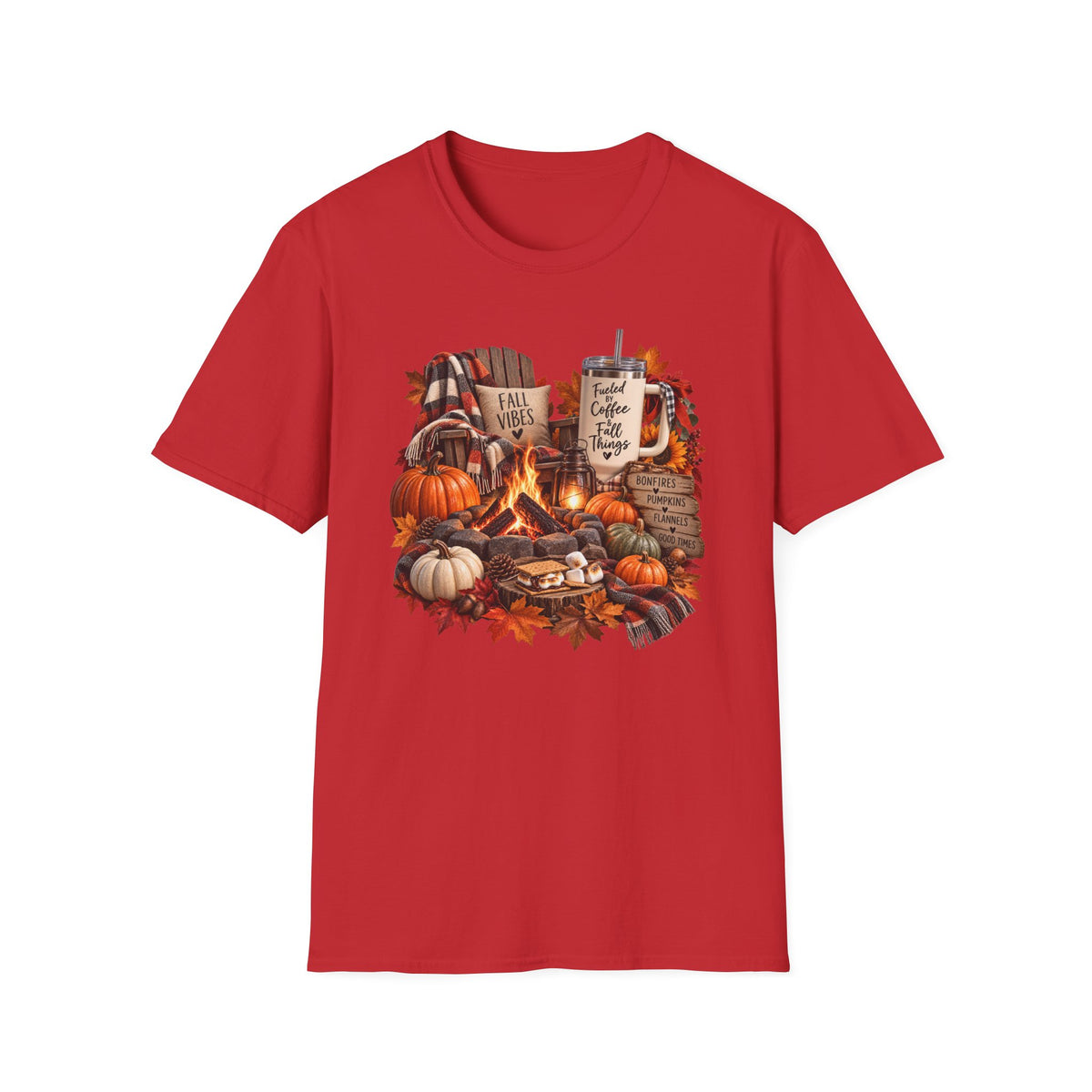 Fall Campfire Pumpkin T-Shirt — Cozy Autumn Shirt with "Fall Vibes" and Plaid Marshmallows Design