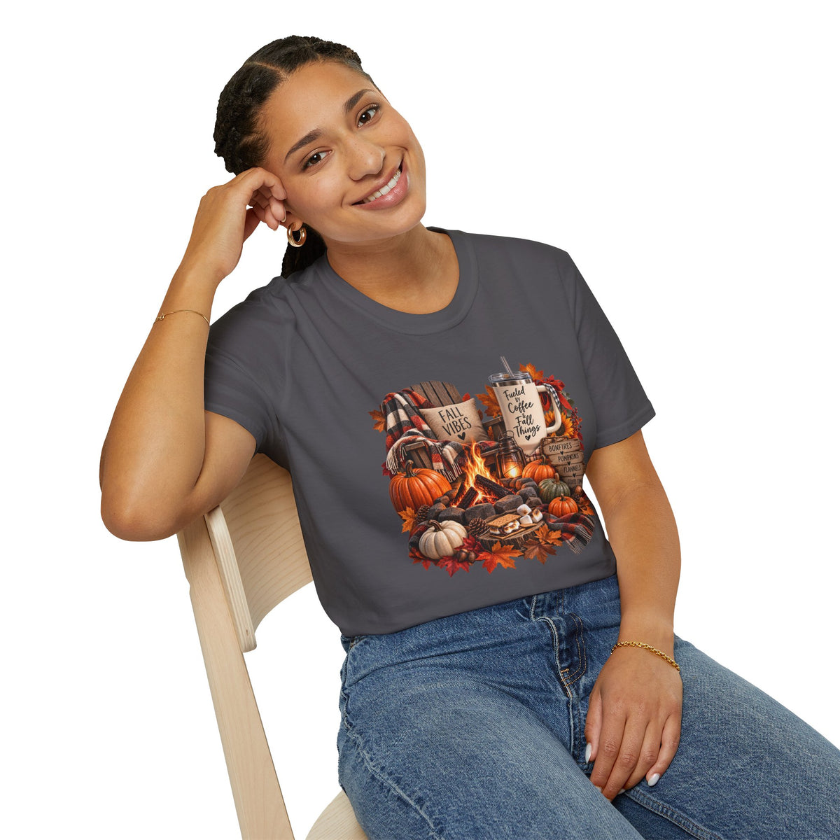 Fall Campfire Pumpkin T-Shirt — Cozy Autumn Shirt with "Fall Vibes" and Plaid Marshmallows Design