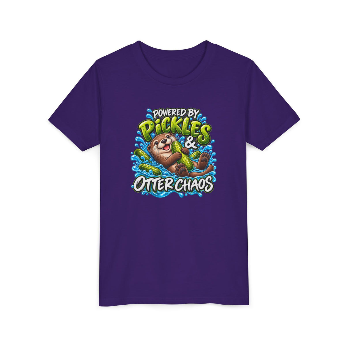 Youth Tee — "Powered by Pickles & Otter Chaos" Cute Otter Graphic Shirt