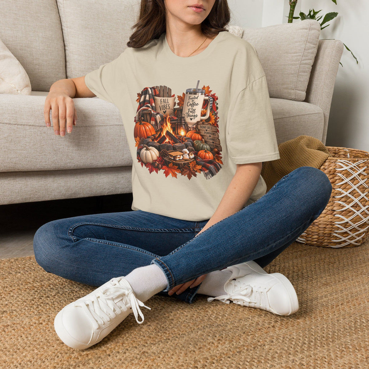 Fall Campfire Pumpkin T-Shirt — Cozy Autumn Shirt with "Fall Vibes" and Plaid Marshmallows Design