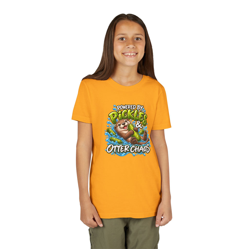 Youth Tee — "Powered by Pickles & Otter Chaos" Cute Otter Graphic Shirt