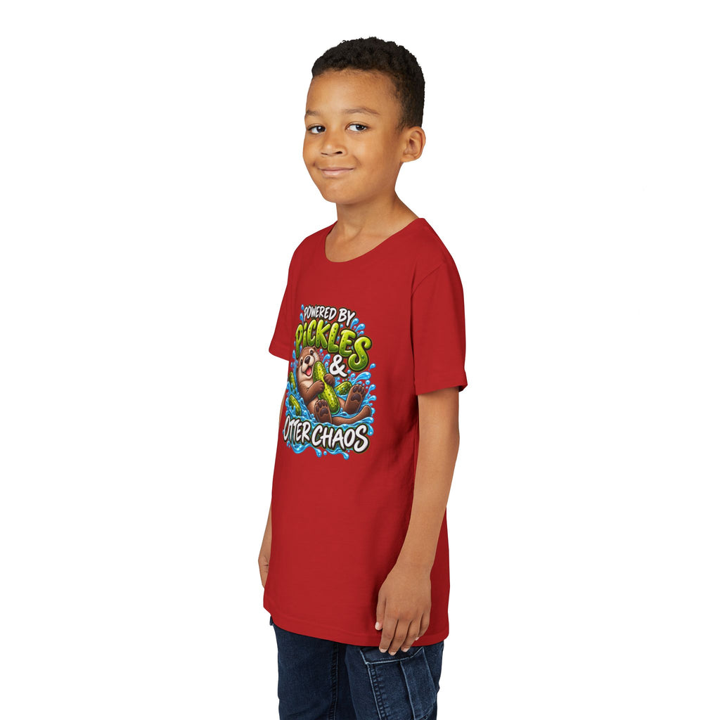 Youth Tee — "Powered by Pickles & Otter Chaos" Cute Otter Graphic Shirt