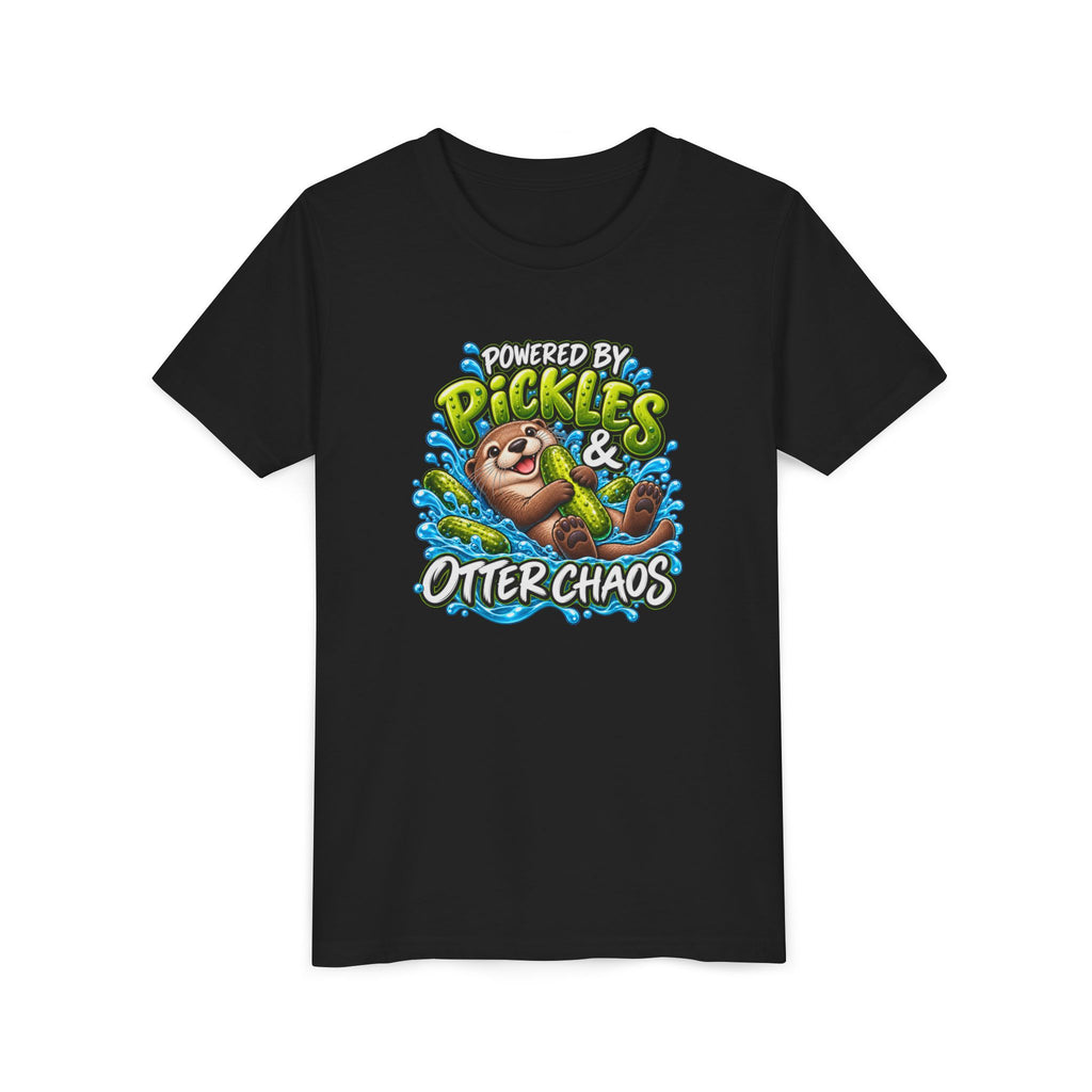 Youth Tee — "Powered by Pickles & Otter Chaos" Cute Otter Graphic Shirt