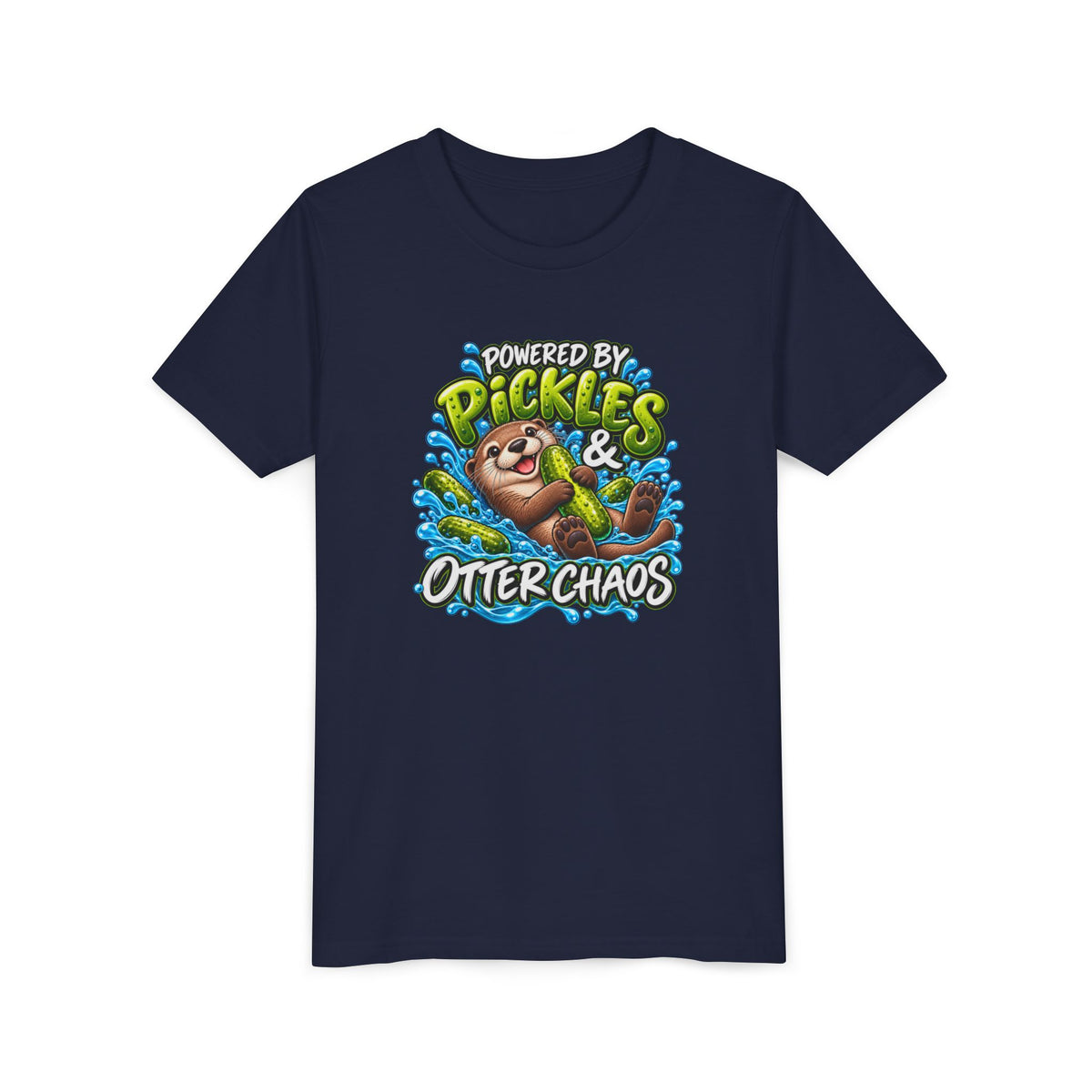Youth Tee — "Powered by Pickles & Otter Chaos" Cute Otter Graphic Shirt