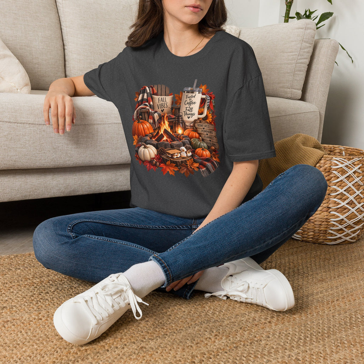 Fall Campfire Pumpkin T-Shirt — Cozy Autumn Shirt with "Fall Vibes" and Plaid Marshmallows Design
